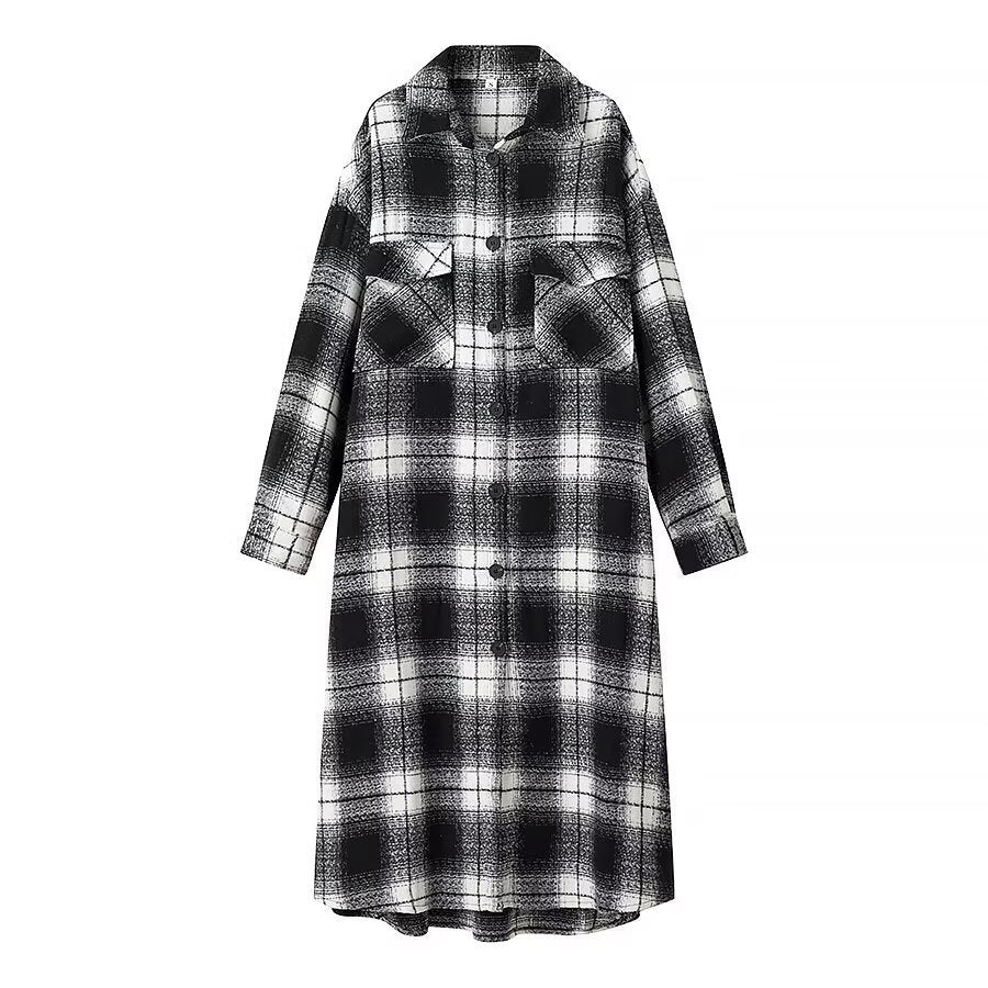 Women's Longline Check Overshirt with Oversized Cut and Flap Pockets Chichicherry