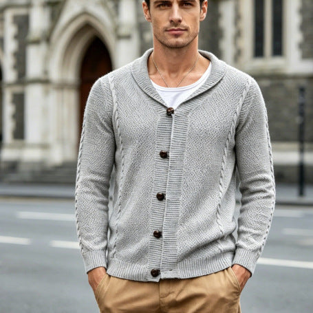 Men's fine knit cardigan with shawl collar, snap-hook closures, and textured knit Chichicherry