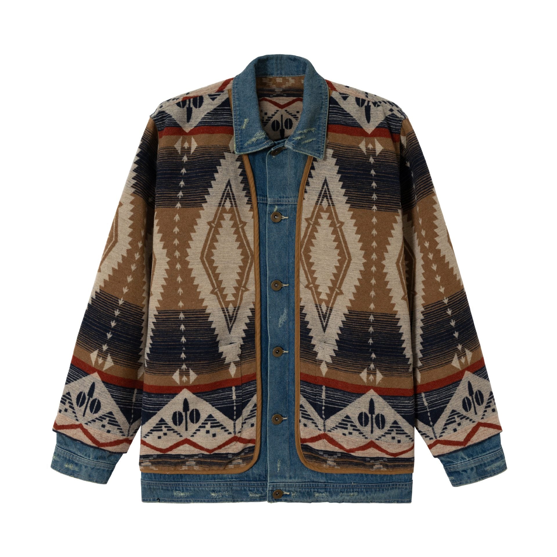 Unisex Short Woven Aztec Cardigan with Denim Trim Chichicherry