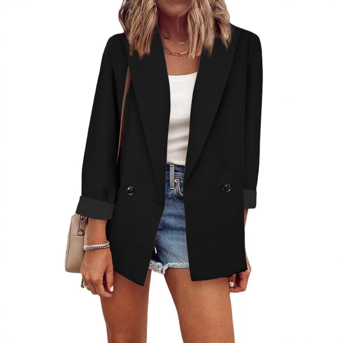 Women's Loose Longline Blazer with Rolled-Up Sleeves and Double-Breasted Button Placket Chichicherry