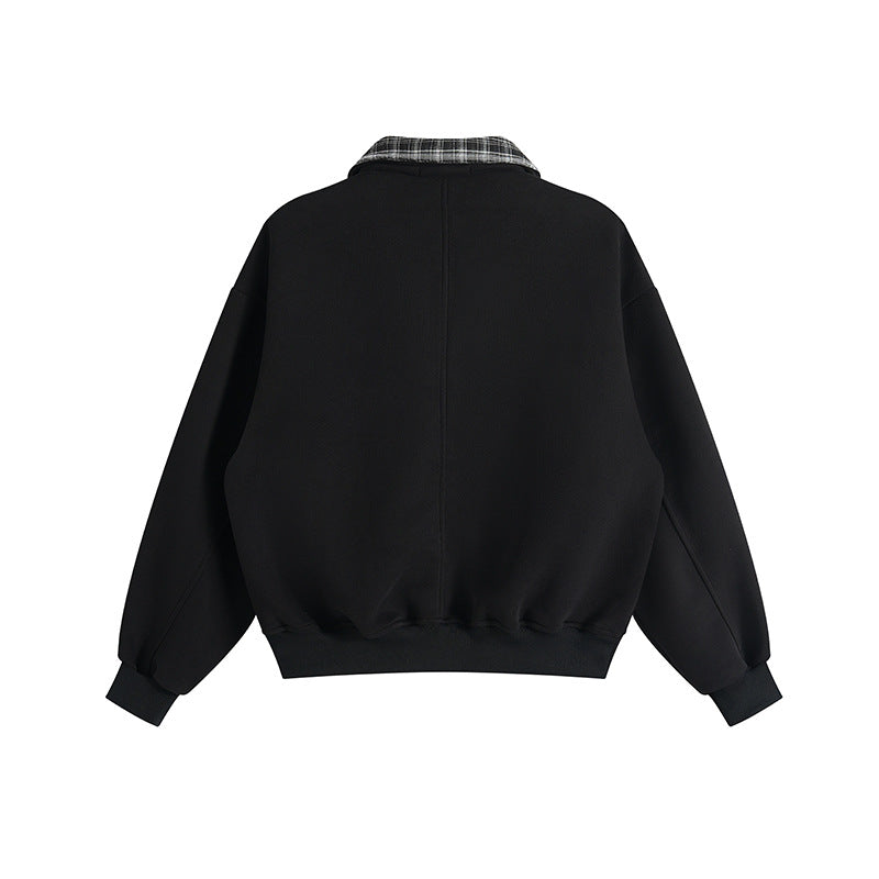 Unisex layered look sweatshirt with sewn-in check collar and side pocket openings Chichicherry