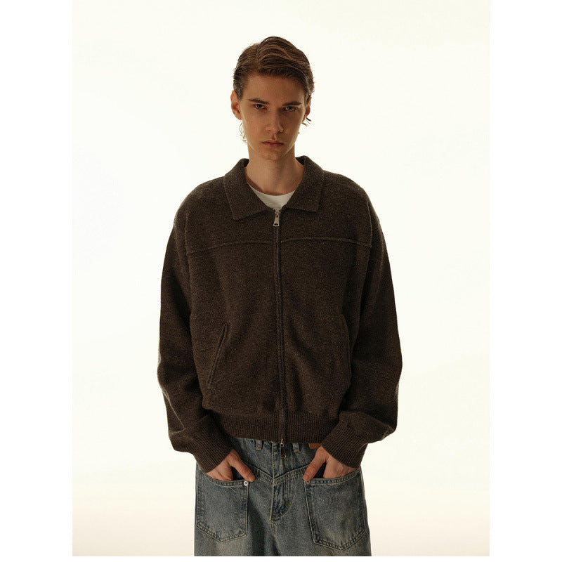 Men's knitted zip jacket with shirt collar, ribbed cuffs, and concealed side pockets Chichicherry