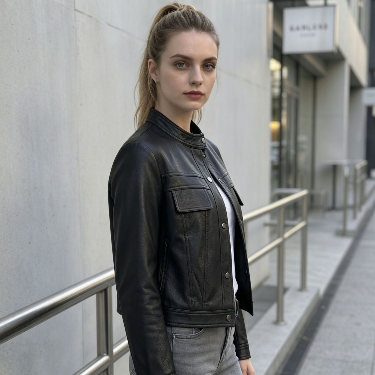 Women's Short Cut Leather Jacket with Stand-Up Collar and Flap Pockets Chichicherry