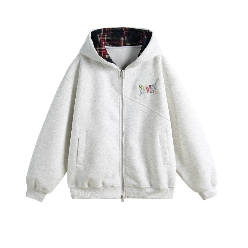 Women's hooded sweatshirt jacket in boxy cut with checked lined hood and subtle embroidery Chichicherry