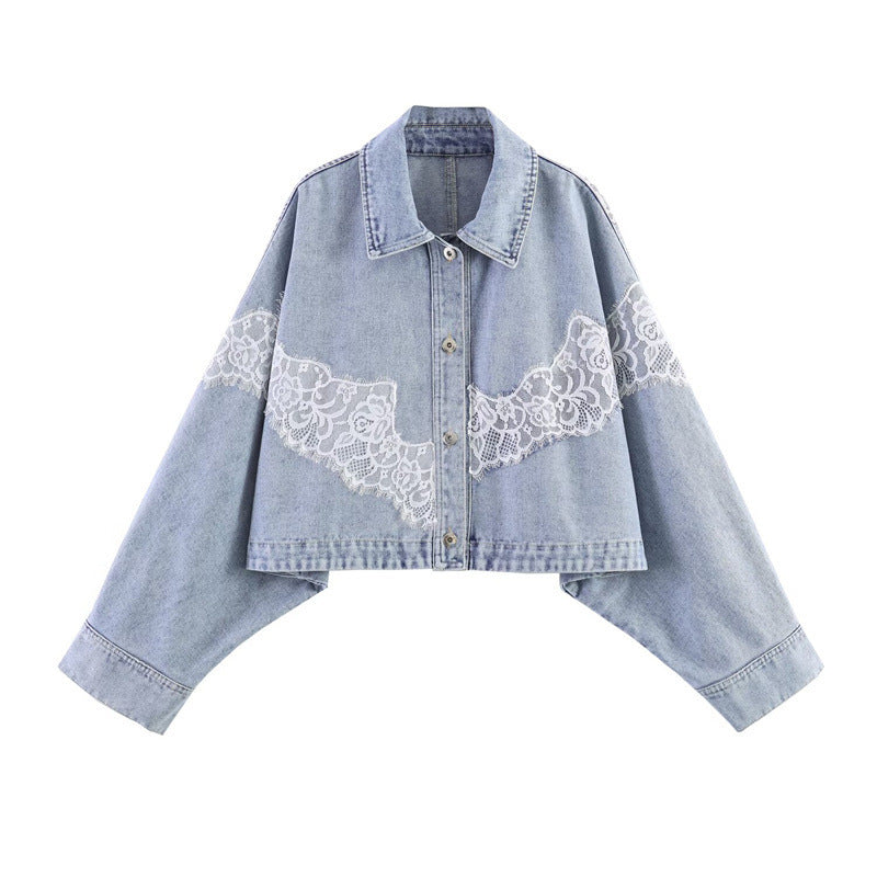 Women cropped denim jacket with lace trim and dropped shoulder Chichicherry