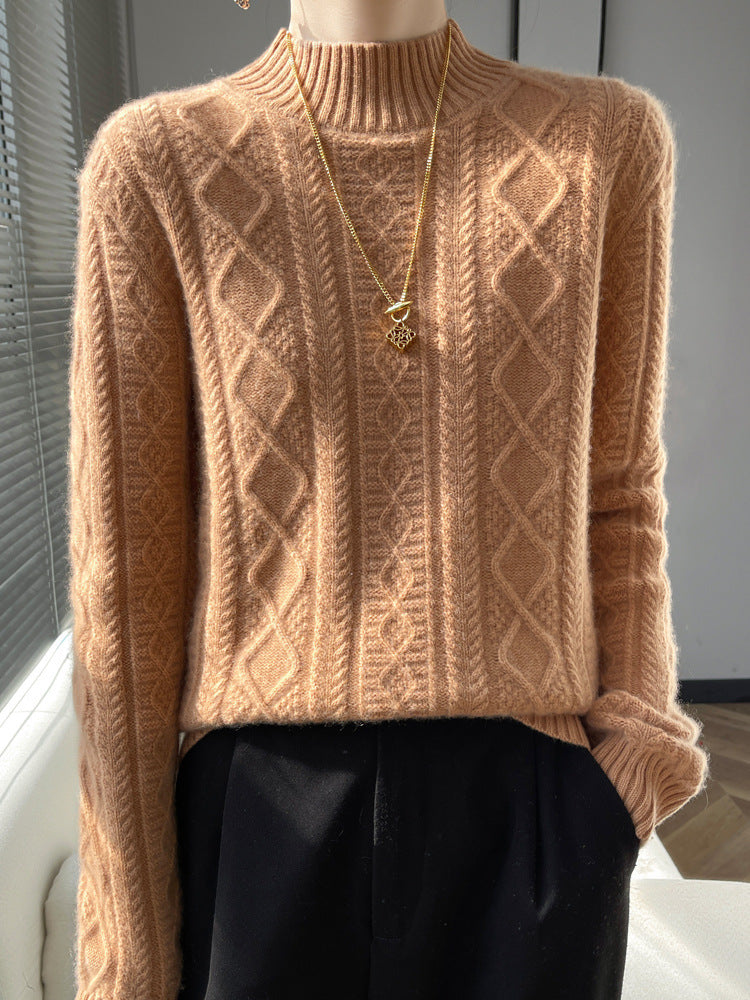 Women's Cozy Mohair-Effect Mock Neck Sweater with Diamond Cable Structure and Boxy Silhouette Chichicherry