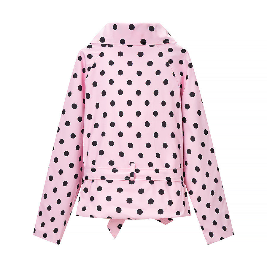 Women's short trench coat in polka dot pattern, double-breasted with belted waist Chichicherry