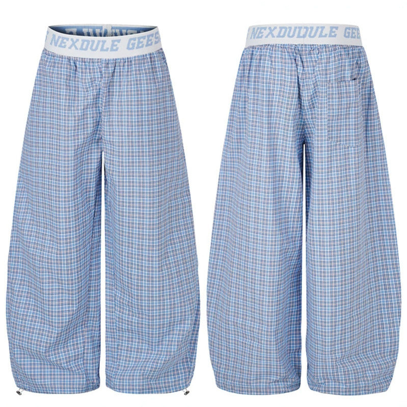 Women's Wide Checkered Lounge Pants with Elastic Logo Waistband and Drawstring Hem Chichicherry