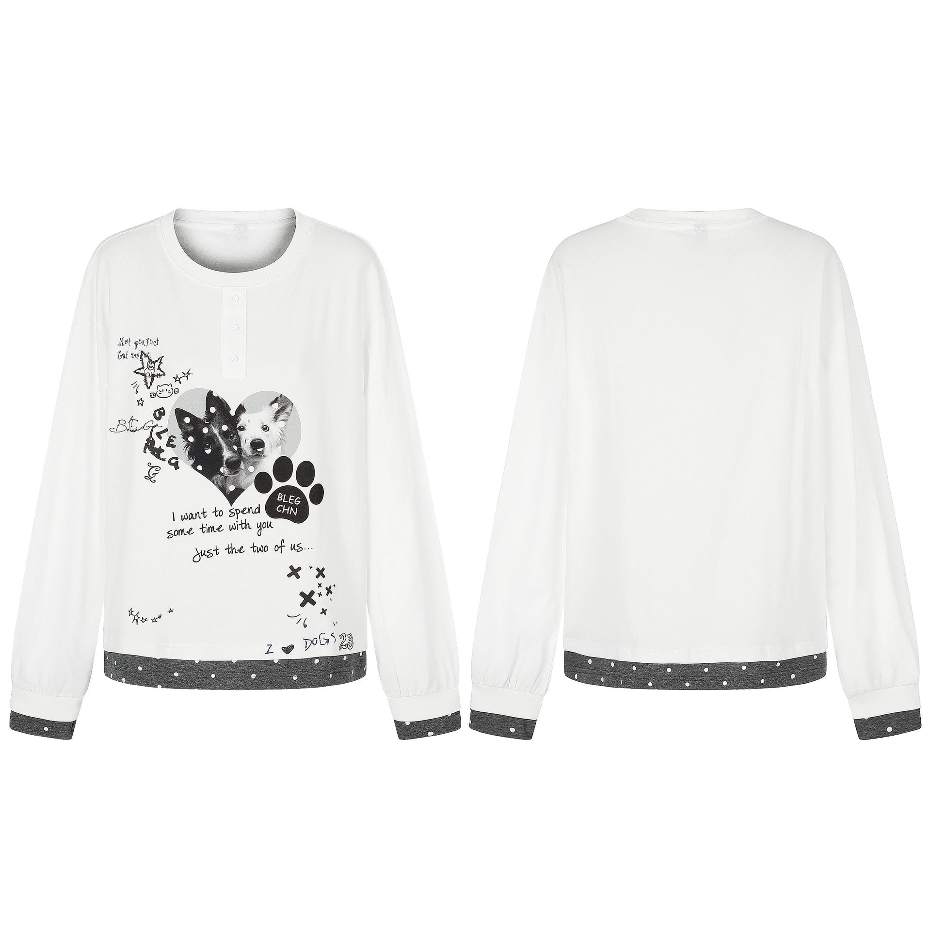 Women's long sleeve pajama top with a semi-close button placket, heart dog print, and contrasting cuffs