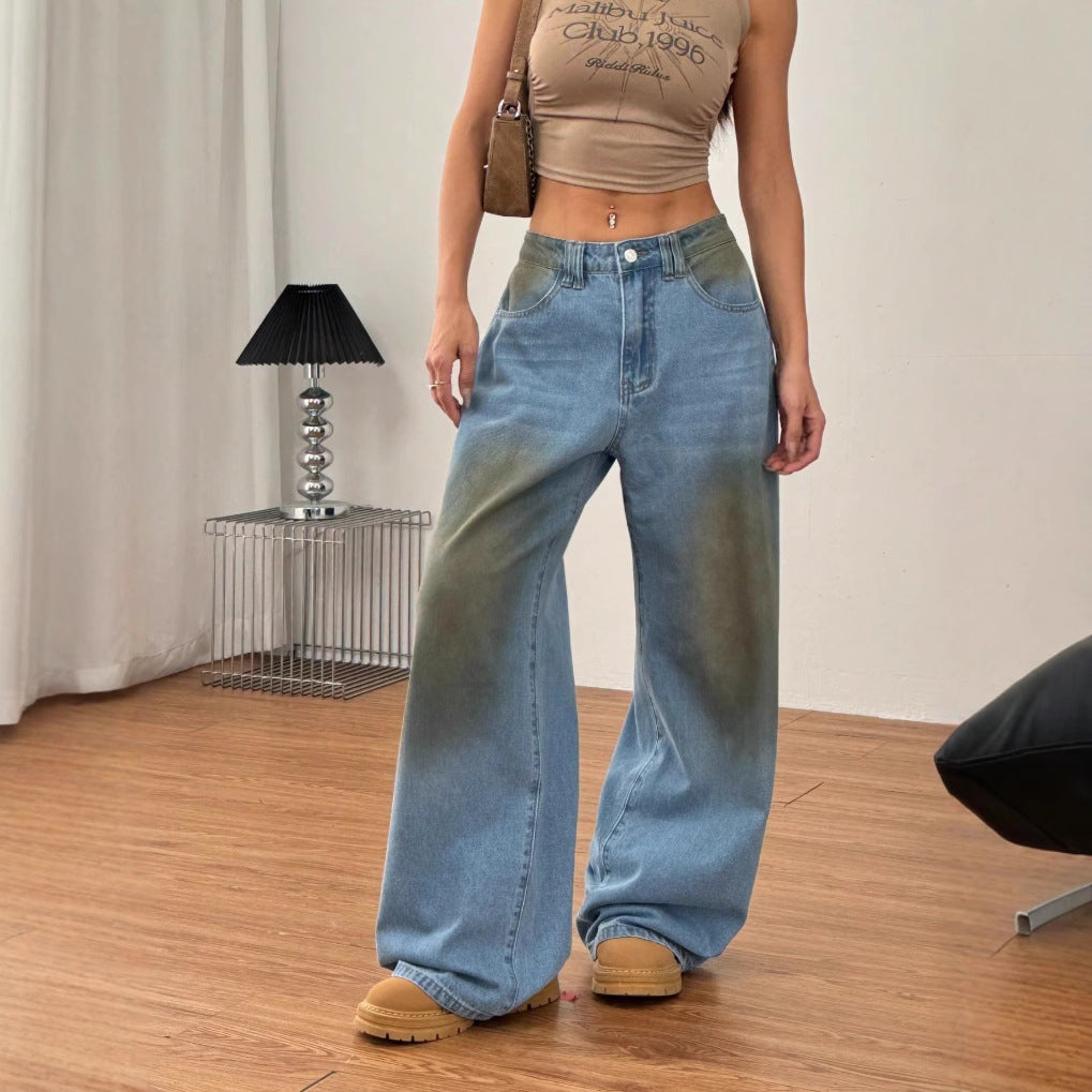 Ladies wide high-waist jeans in vintage wash with faded spot look and extra wide leg Chichicherry