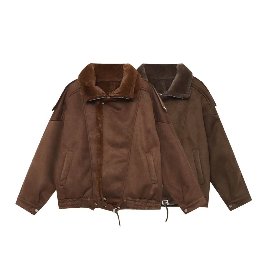 Women's Oversized Aviator Jacket with Teddy Lining, Stand Collar and Waist Belt Chichicherry