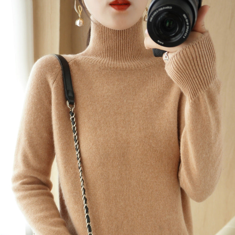 Women's Luxury Fine Knit Turtleneck Sweater with Thumb Hole Cuffs and Feminine Shoulder Yoke Chichicherry