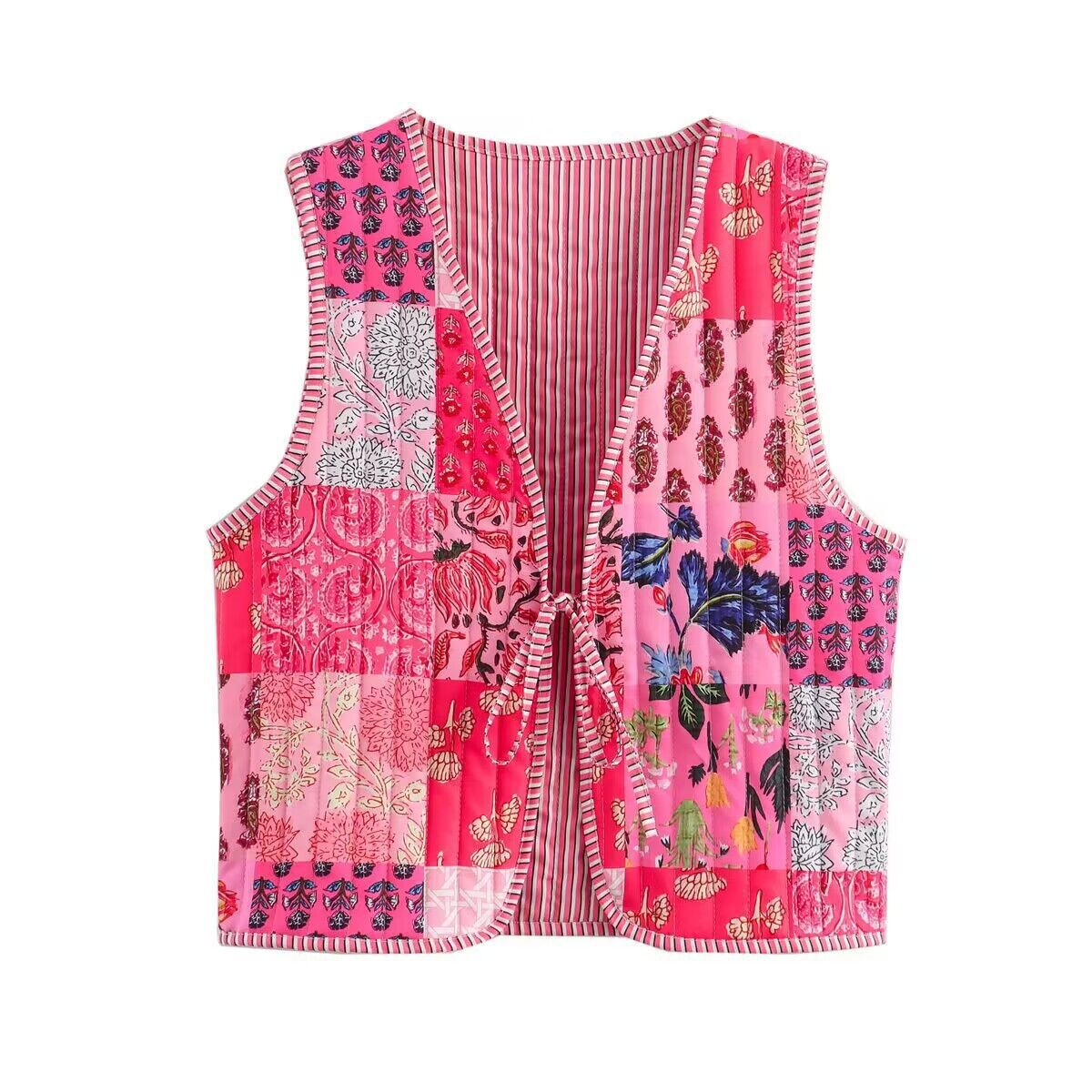 Women Patchwork Vest with Tie Band and V-Neck Chichicherry