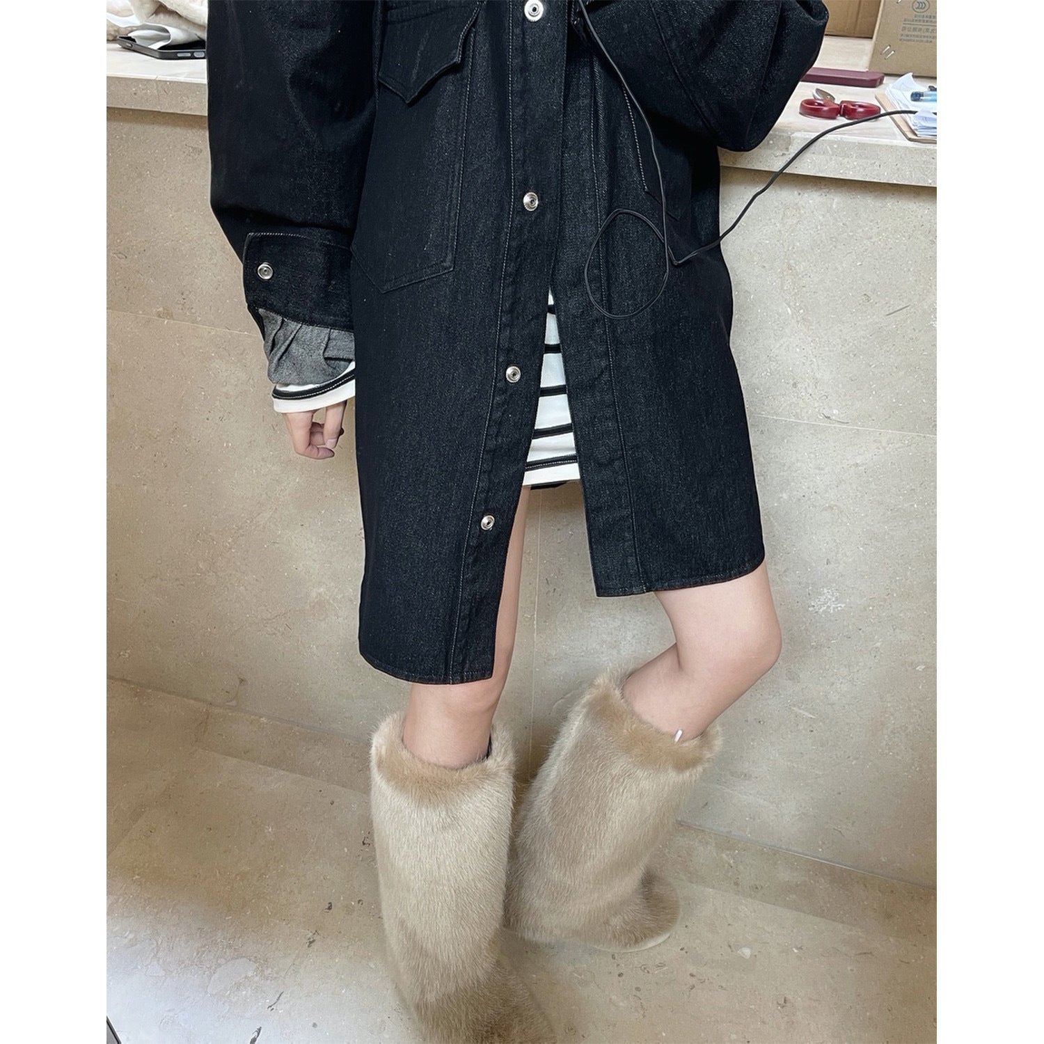 Women's Oversized Denim Coat with Padding, Hood and Snap Front Chichicherry