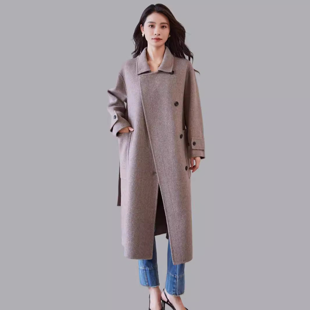 Women's Oversized Wool Coat with Belt and Wide Lapels Chichicherry