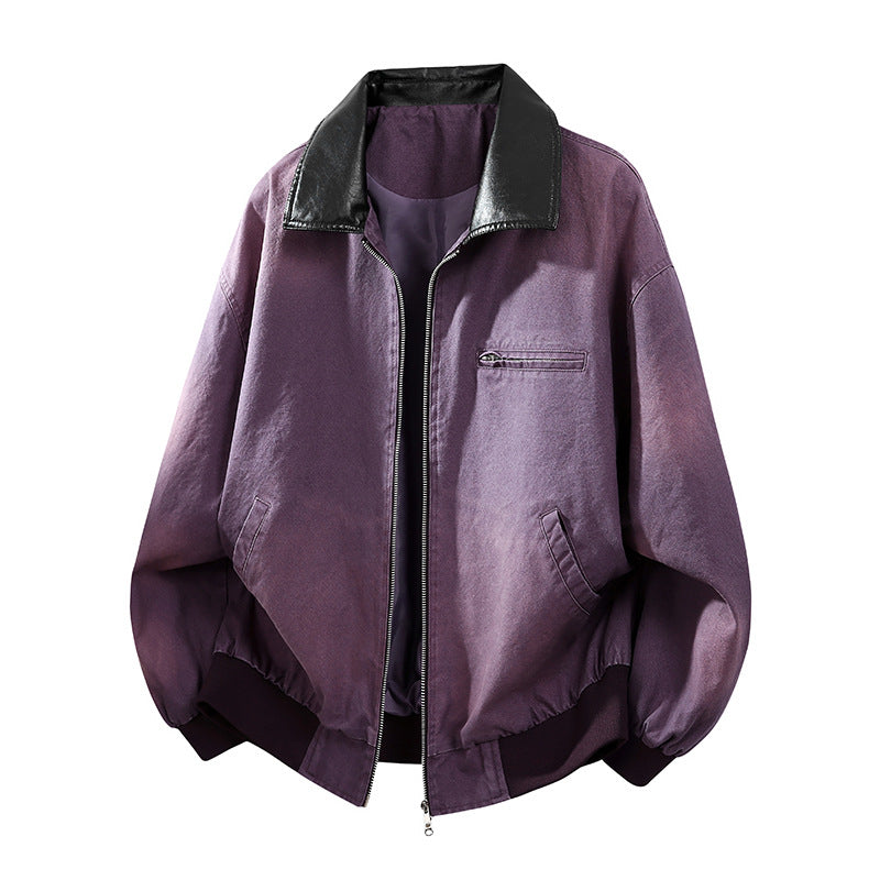 Men's Oversized Bomber Jacket with Contrast Faux Leather Collar and Ribbed Hem Chichicherry