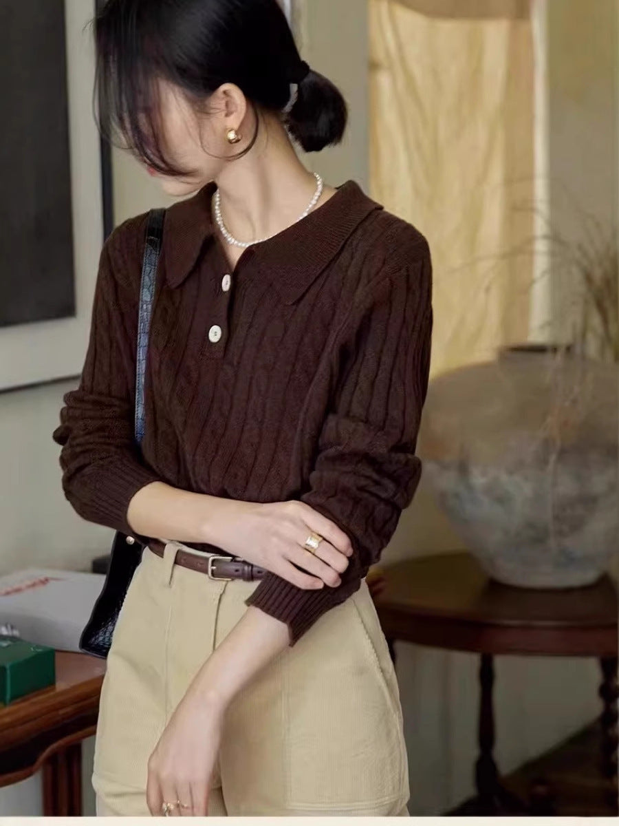 Women Polo Collar Cable Knit Sweater with Half Button Placket Chichicherry