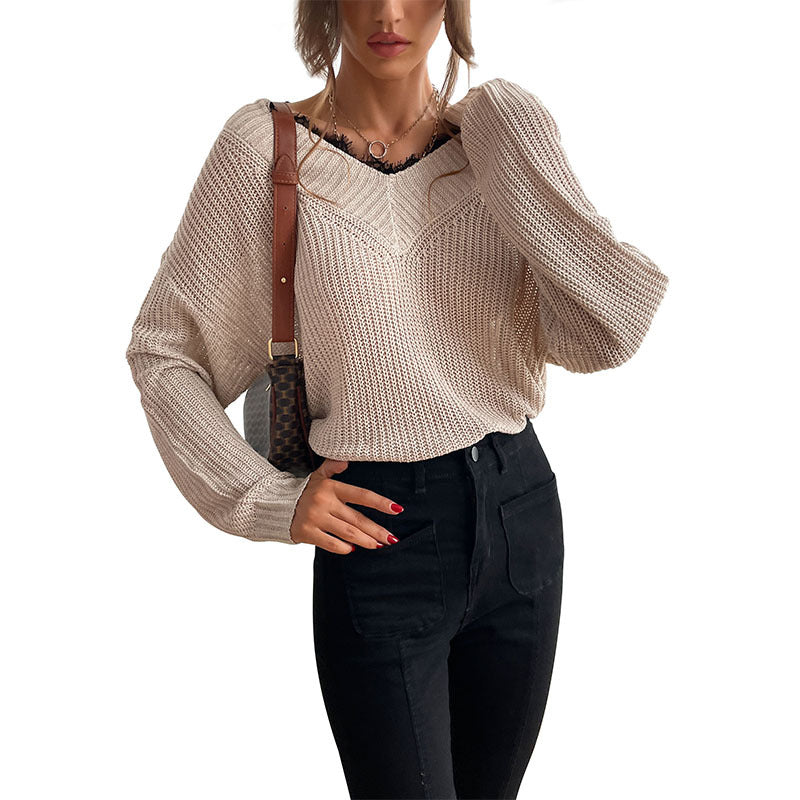 Women Oversize V-Neck Structured Knit Sweater with Dropped Shoulder and Loose Silhouette Chichicherry