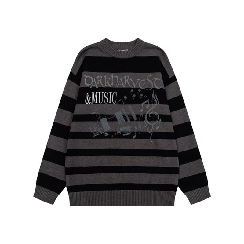 Women Striped Oversized Knit Sweater with Round Neck and Music Graphic Chichicherry