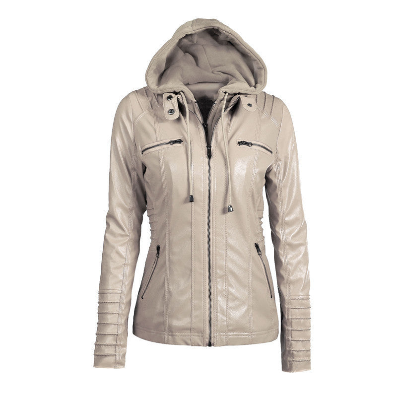 Women's Slim-Fit Faux Leather Jacket with Hood, Padded Sleeves and Zipper Pockets Chichicherry