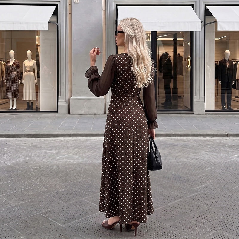 Women's retro-inspired polka dot maxi dress with square neckline and sheer pleated sleeves Chichicherry
