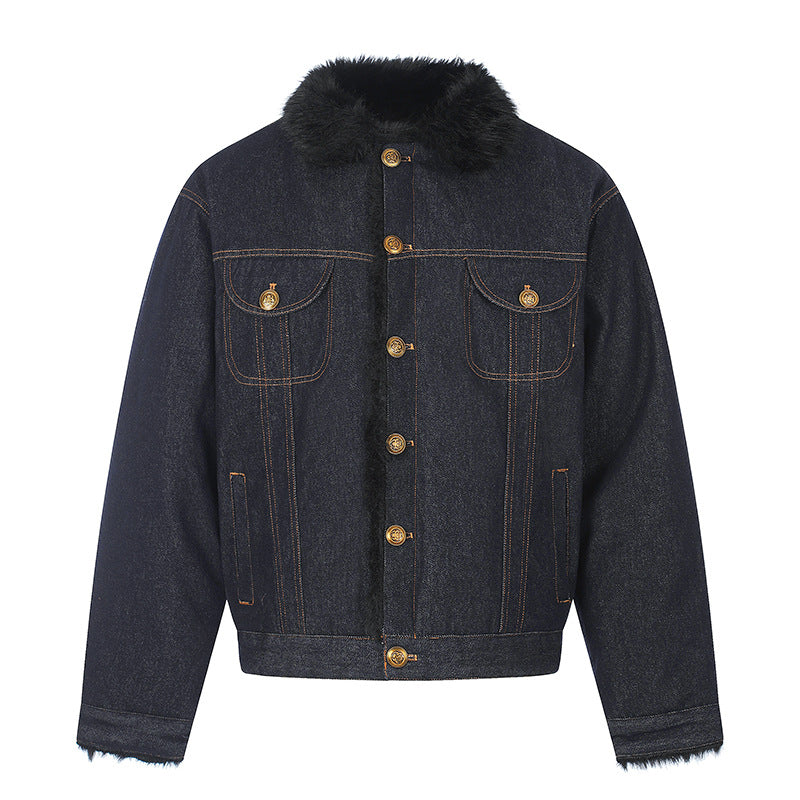 Women's padded denim jacket with faux fur collar, teddy lining and gold button details Chichicherry