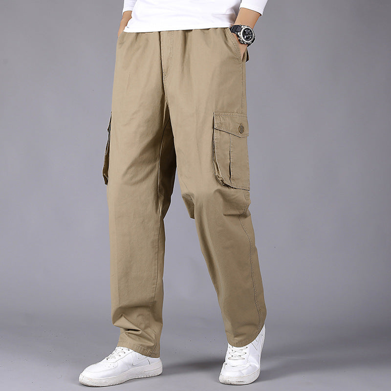 Men's loose cargo pants with elastic drawstring waistband, flap pockets & straight leg Chichicherry