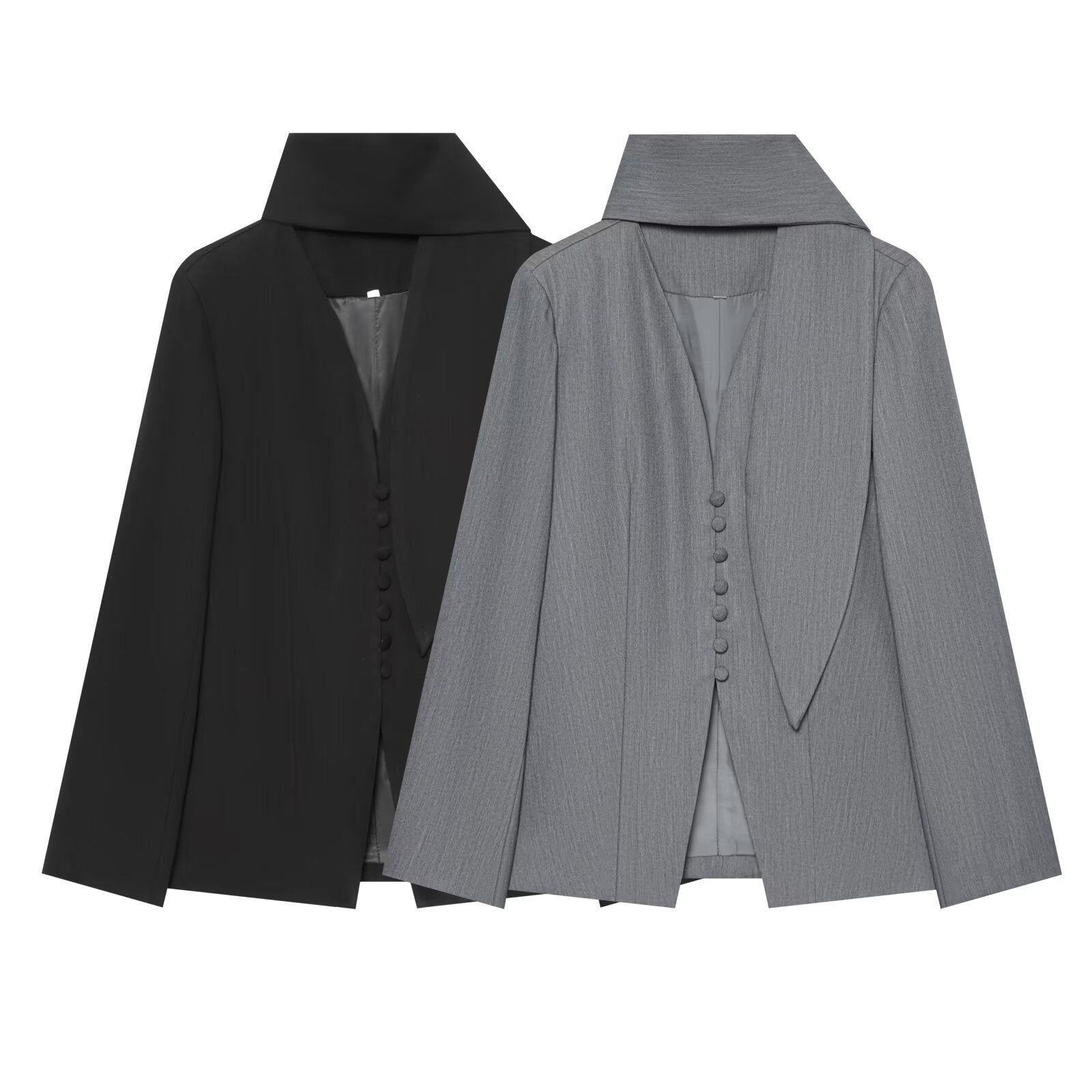 Women's Elegant Longline Blazer with High Funnel Collar and Overlapping Fabric Buttons Chichicherry