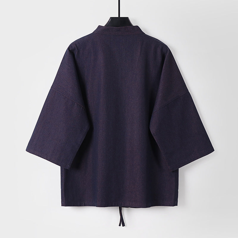 Unisex Light Denim Kimono Jacket with Contrast Lining and Tie Belt Chichicherry