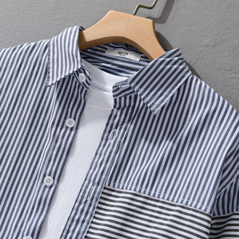 Men's Striped Patchwork Shirt with Chest Patch and Relaxed Fit Chichicherry