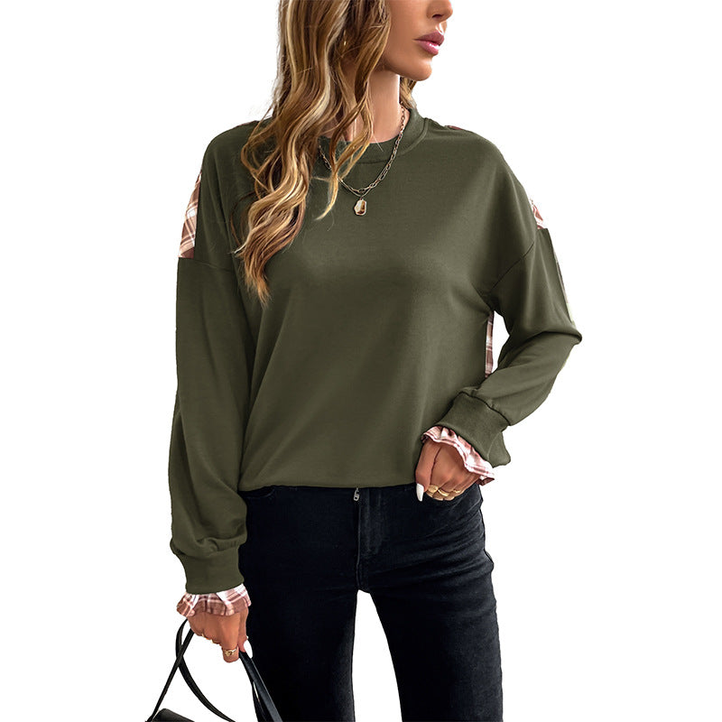 Women's Casual Round Neck Sweatshirt with Check Pattern Inserts and Gathered Cuffs Chichicherry