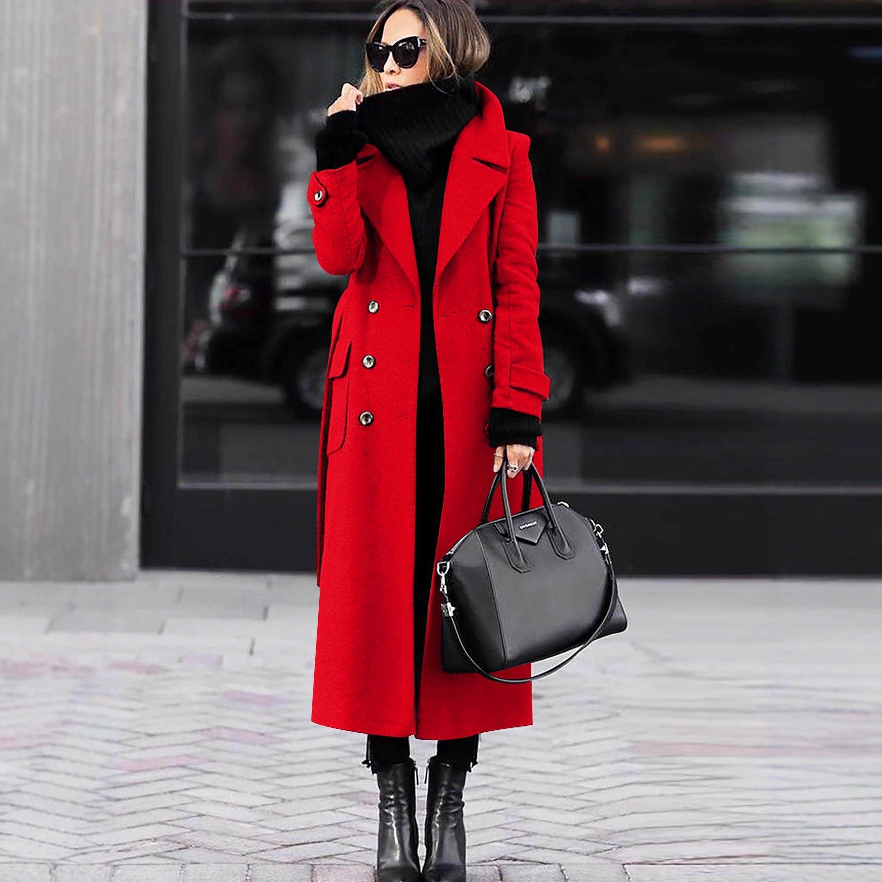 Women's double-breasted wool blend maxi coat with wide lapels and patch pockets Chichicherry