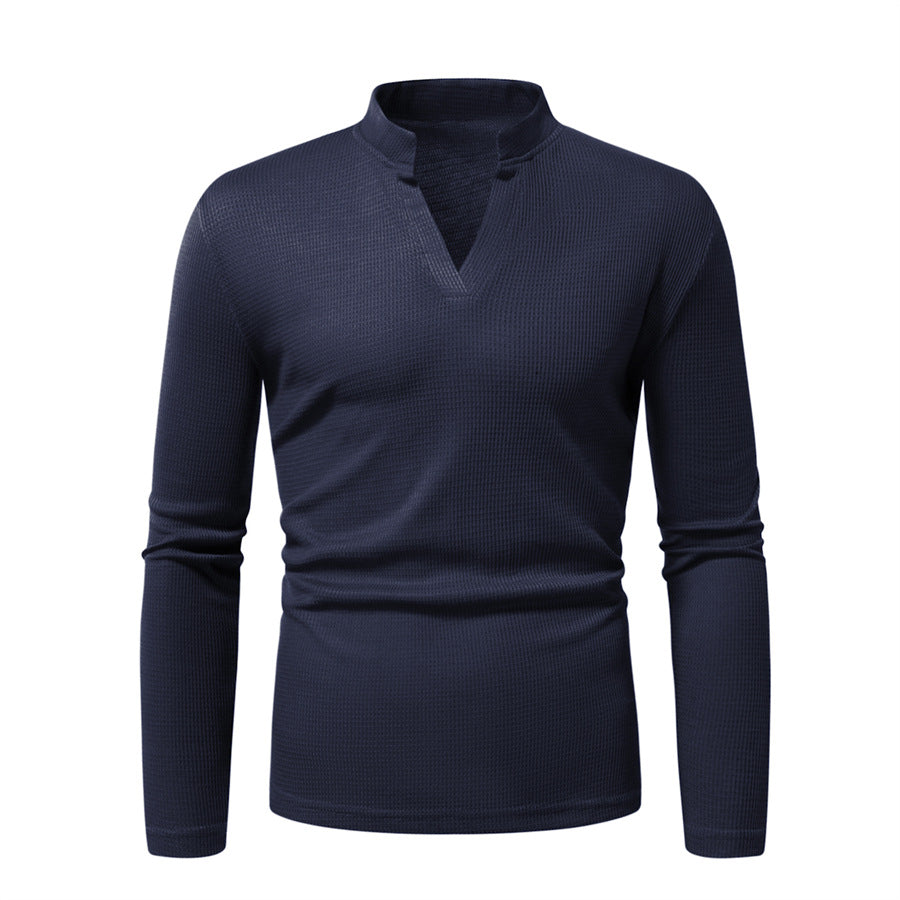 Men's Thermal Waffle Knit Shirt with Stand Collar and V-Neck Chichicherry