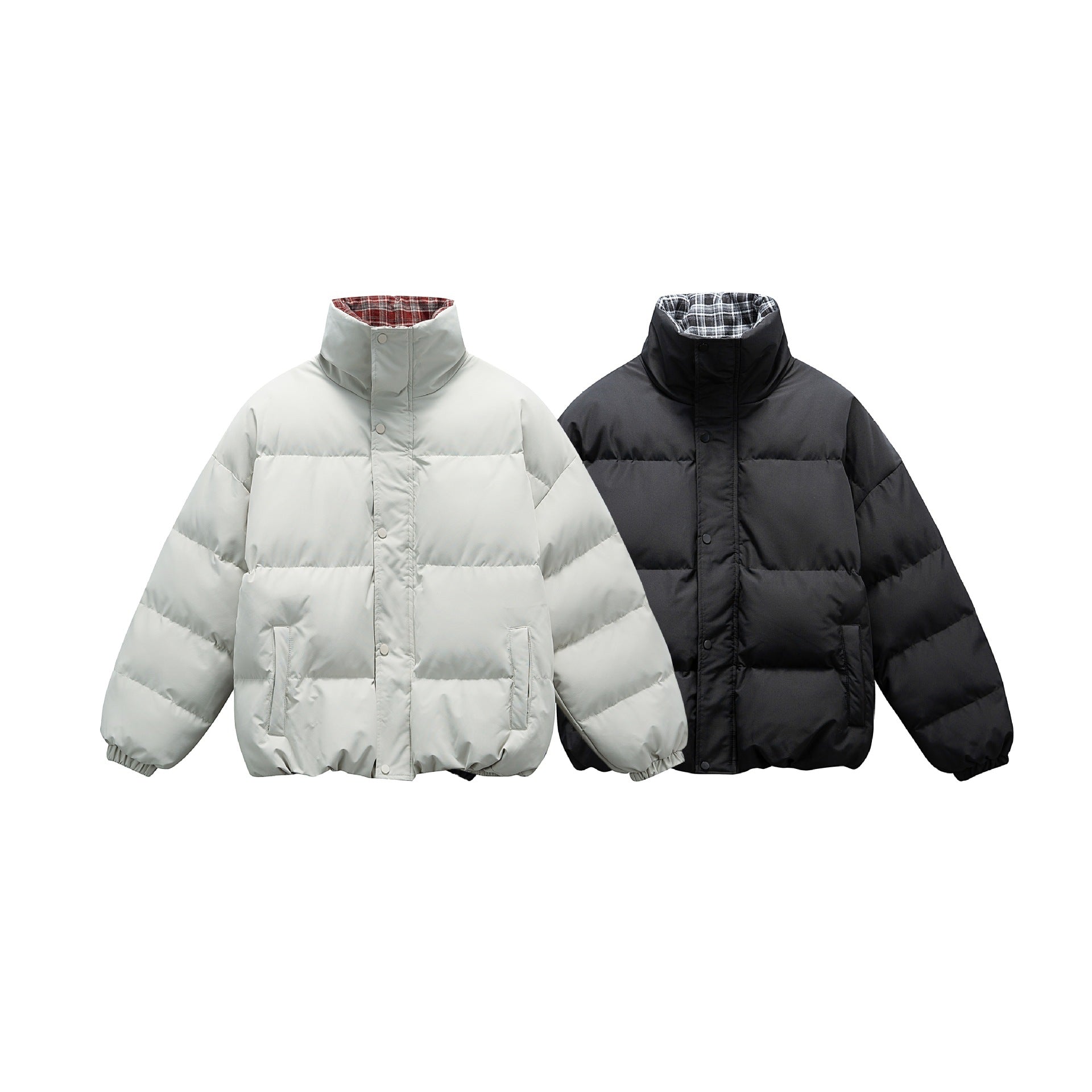 Unisex short boxy padded insulation jacket with extra high stand-up collar and checked lining Chichicherry