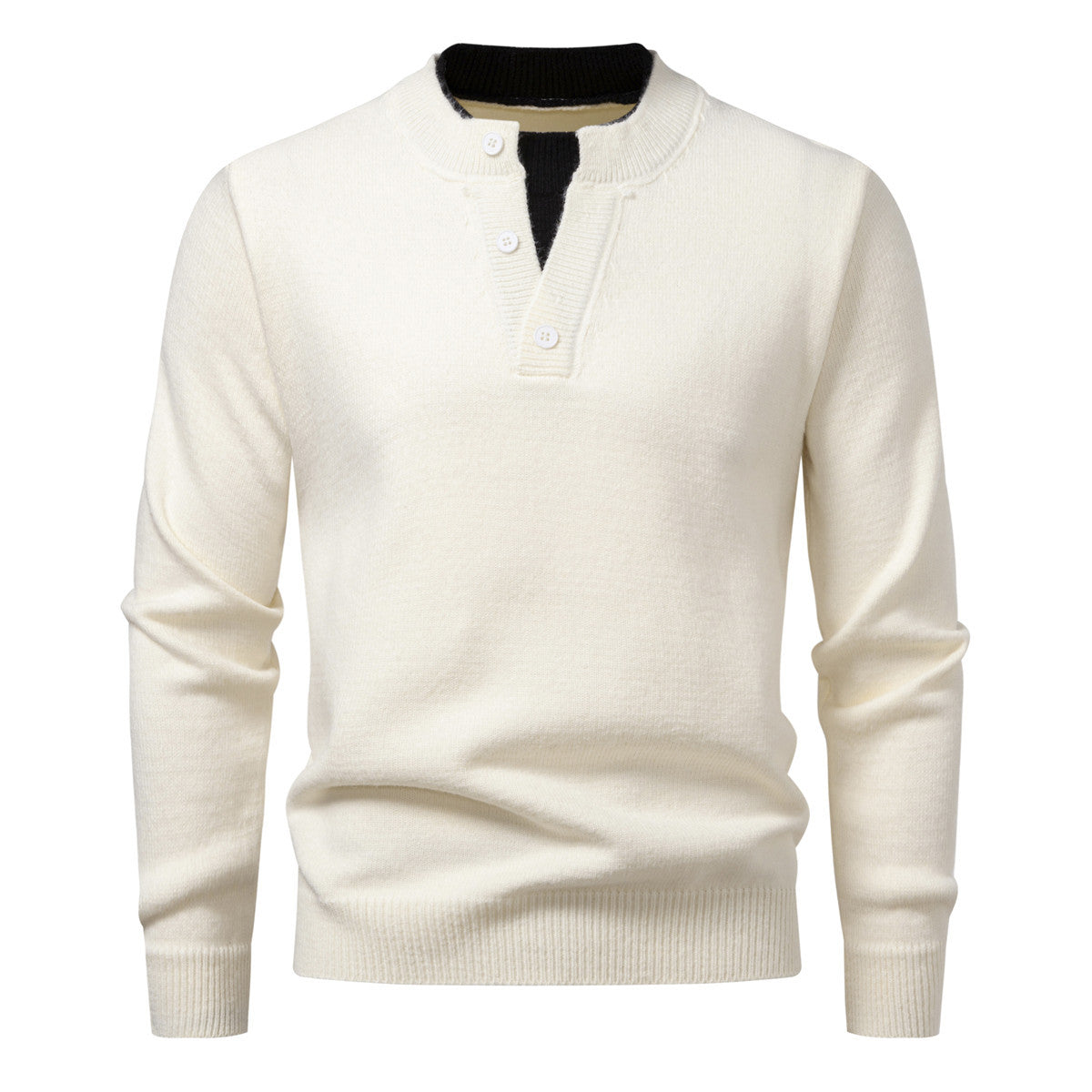 Men's fine-knit Henley pullover with short button placket and ribbed stand-up collar Chichicherry
