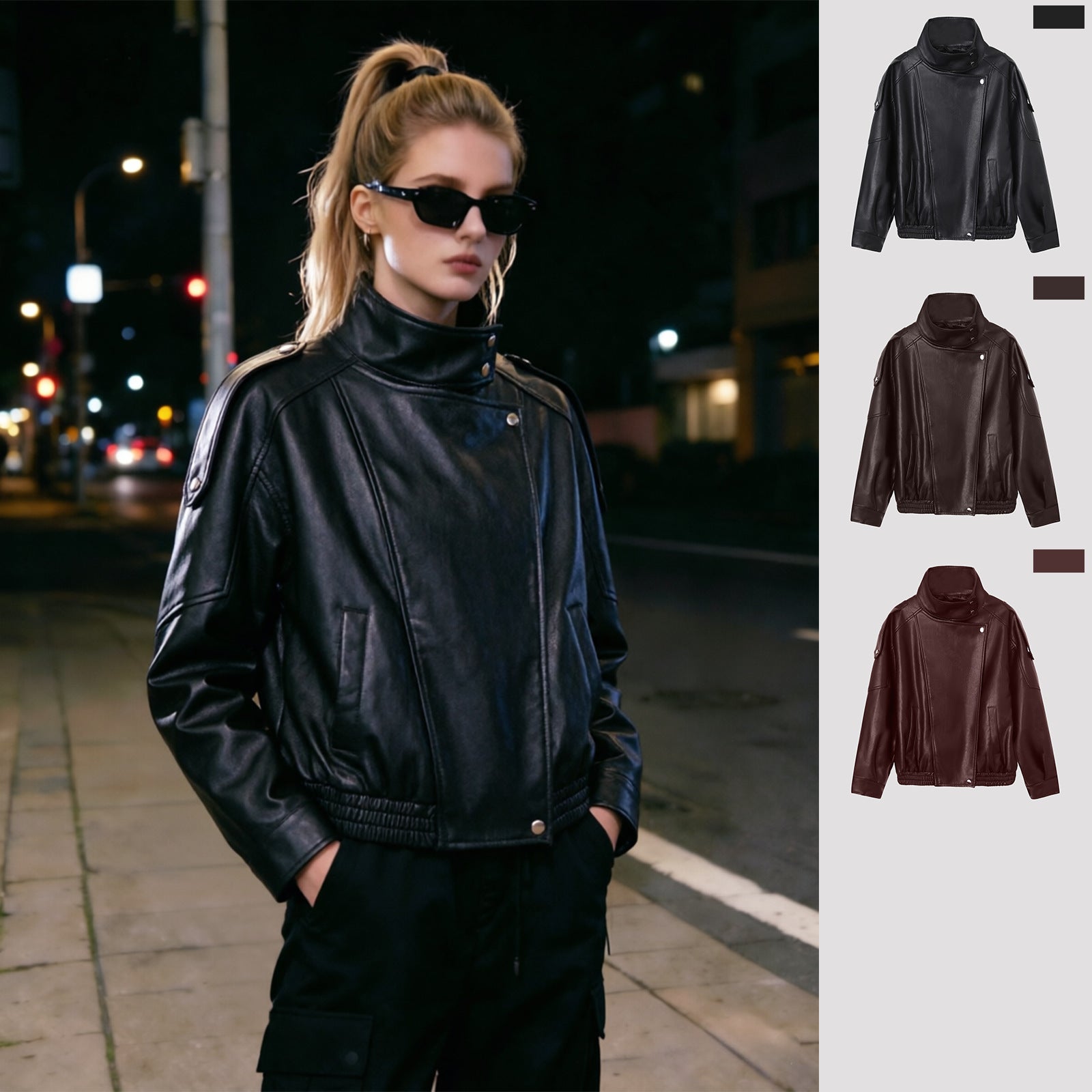 Women's Oversized Faux Leather Jacket with High Stand Collar and Asymmetric Placket Chichicherry