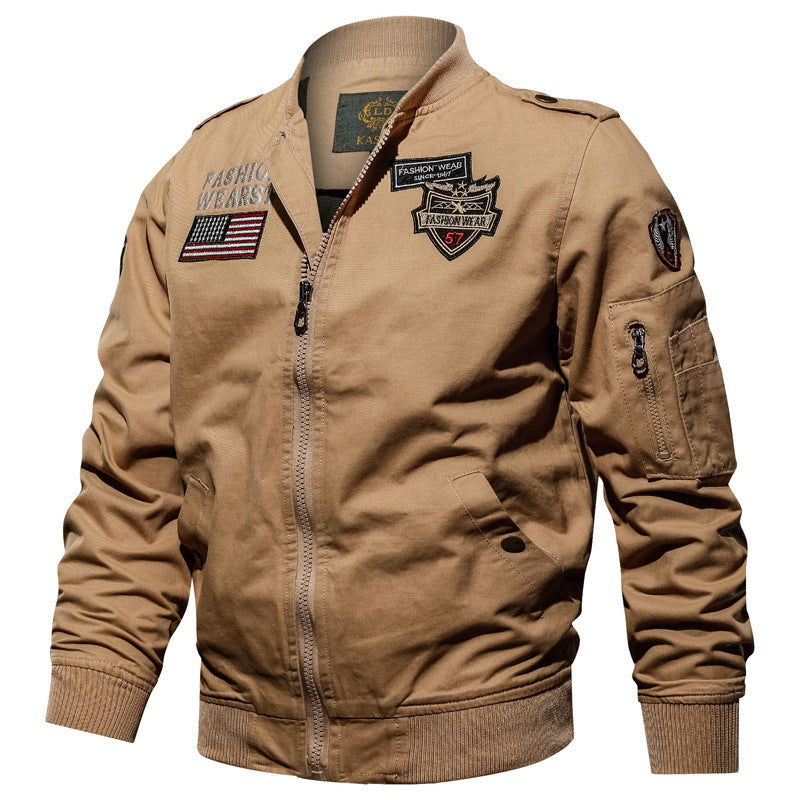 Men's Canvas Bomber Jacket in Pilot Style with Patch Applications and Utility Pockets Chichicherry