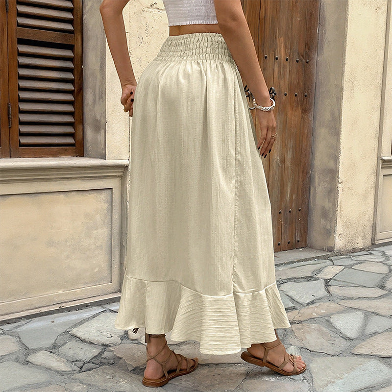 Ladies summer maxi skirt with smocked waistband, full button placket, side slit and ruffles