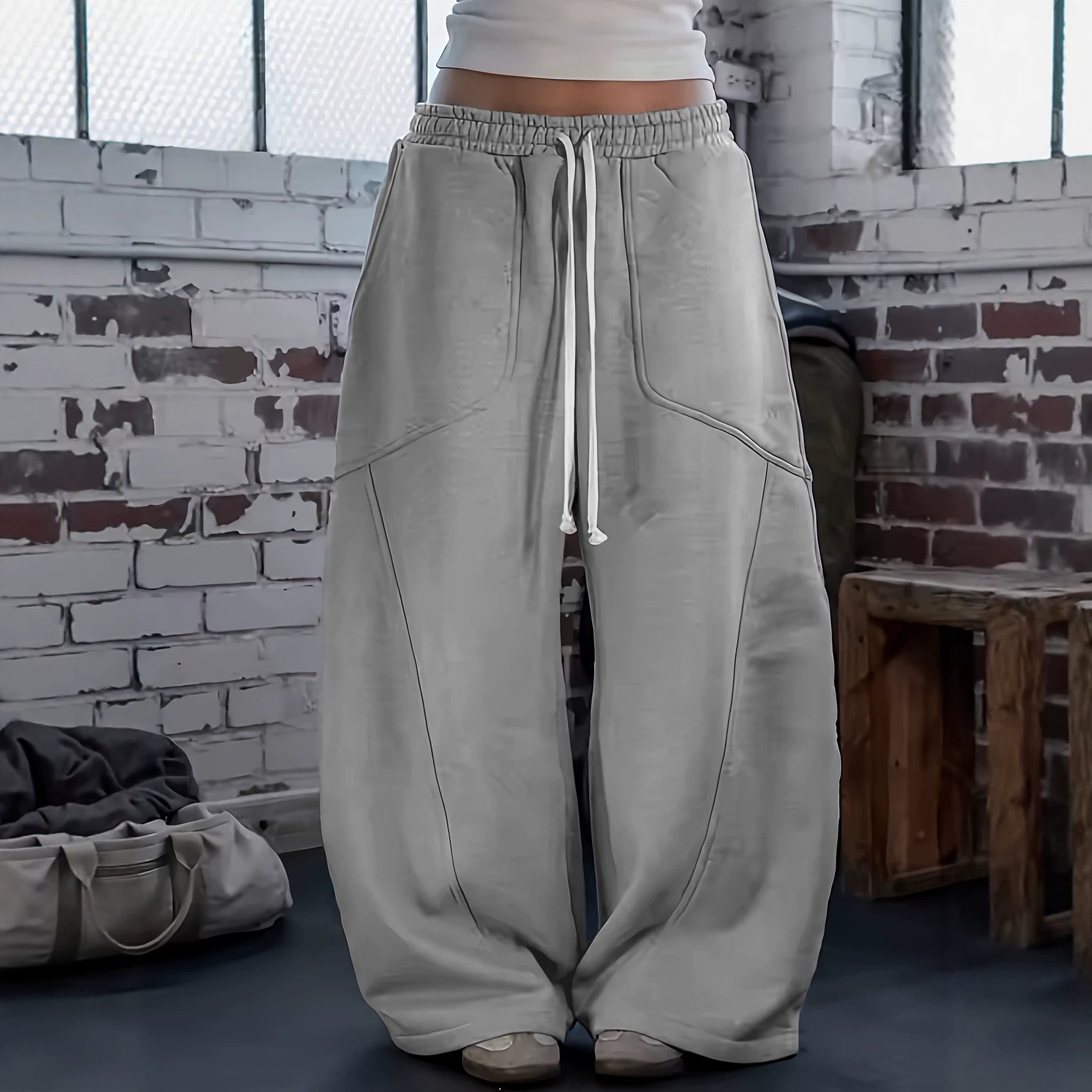Women Wide Baggy Sweatpants with High Elastic Waistband, Drawstring and Seam Details Chichicherry
