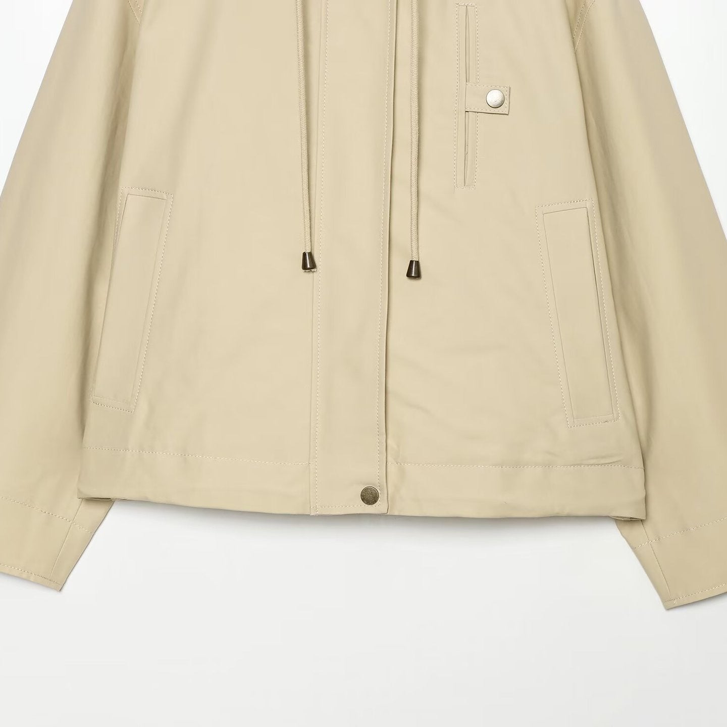 Women's Short Hooded Jacket with Drawstring, Concealed Snap Placket and Patch Pockets Chichicherry