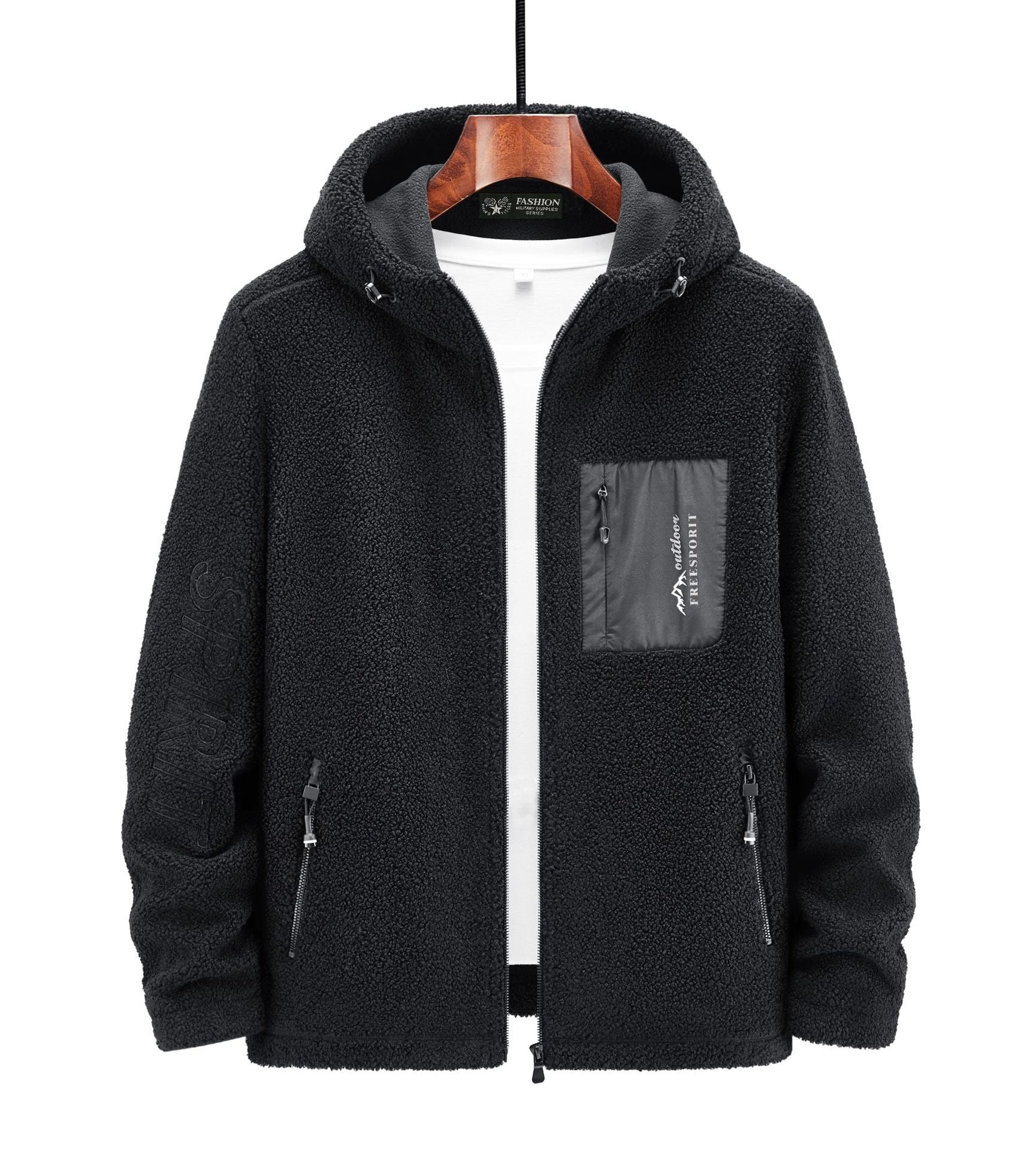 Men's teddy fleece hoodie with nylon chest pocket and two-way zipper Chichicherry
