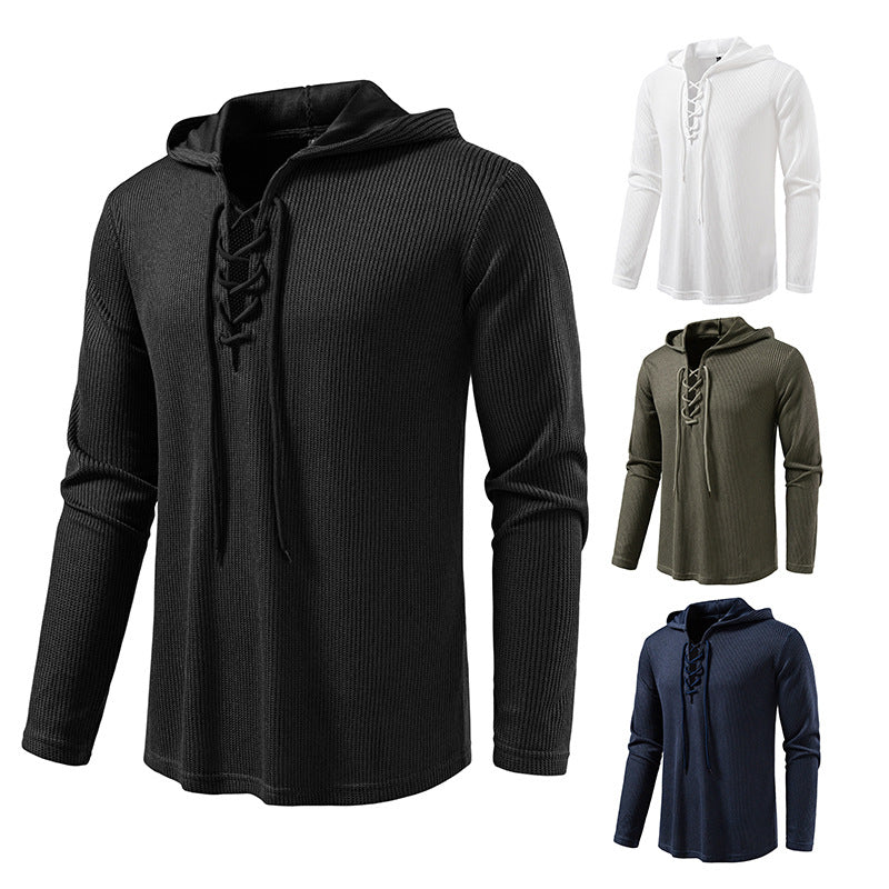 Men's waffle knit hoodie with lace-up collar and straight hem Chichicherry