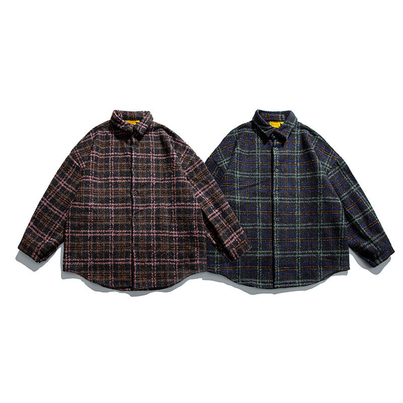 Unisex Boucle Check Shirt Jacket with Quilted Lining, Rounded Hem and Shirt Collar Chichicherry