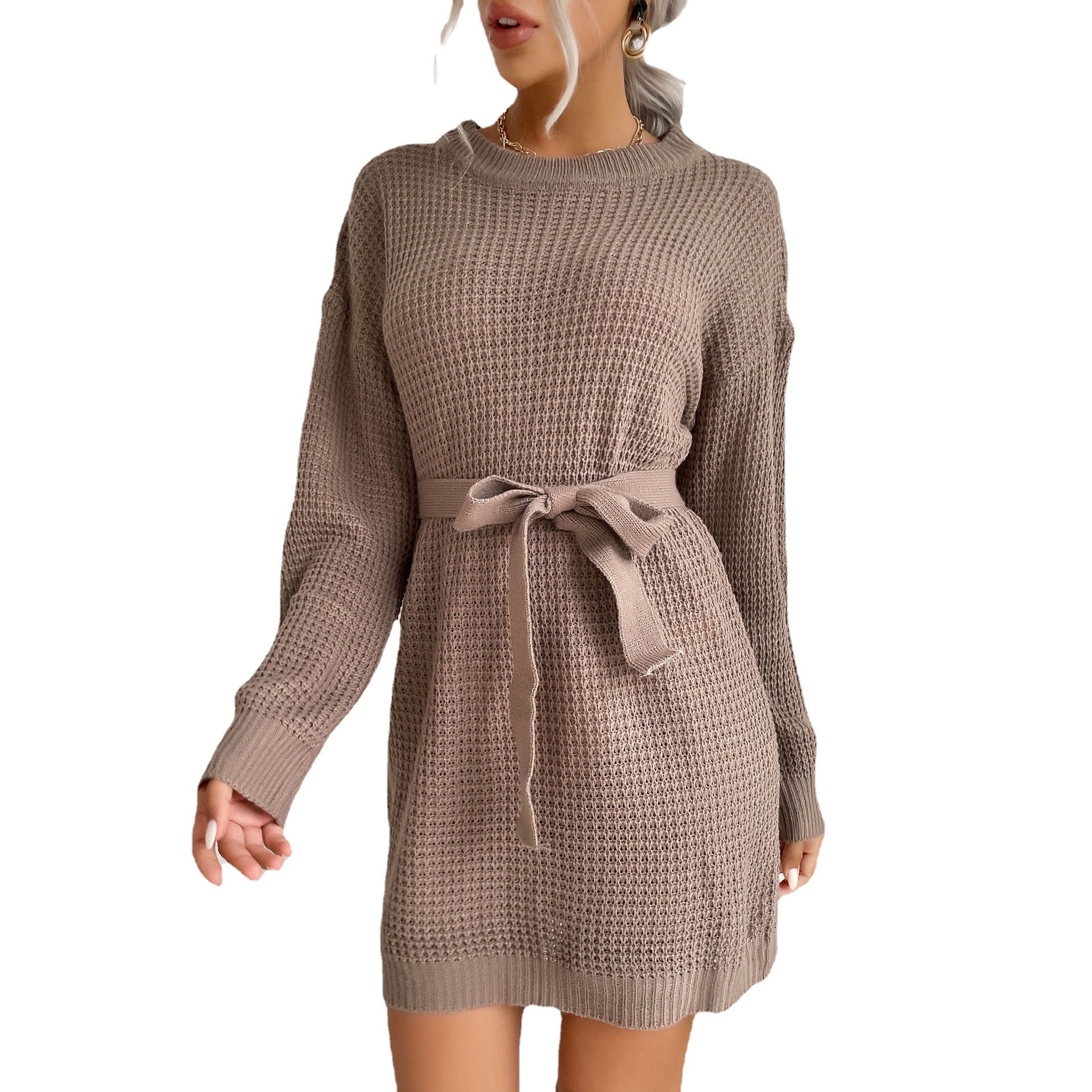 Women's waffle knit mini dress with drawstring waist belt and ribbed hem Chichicherry