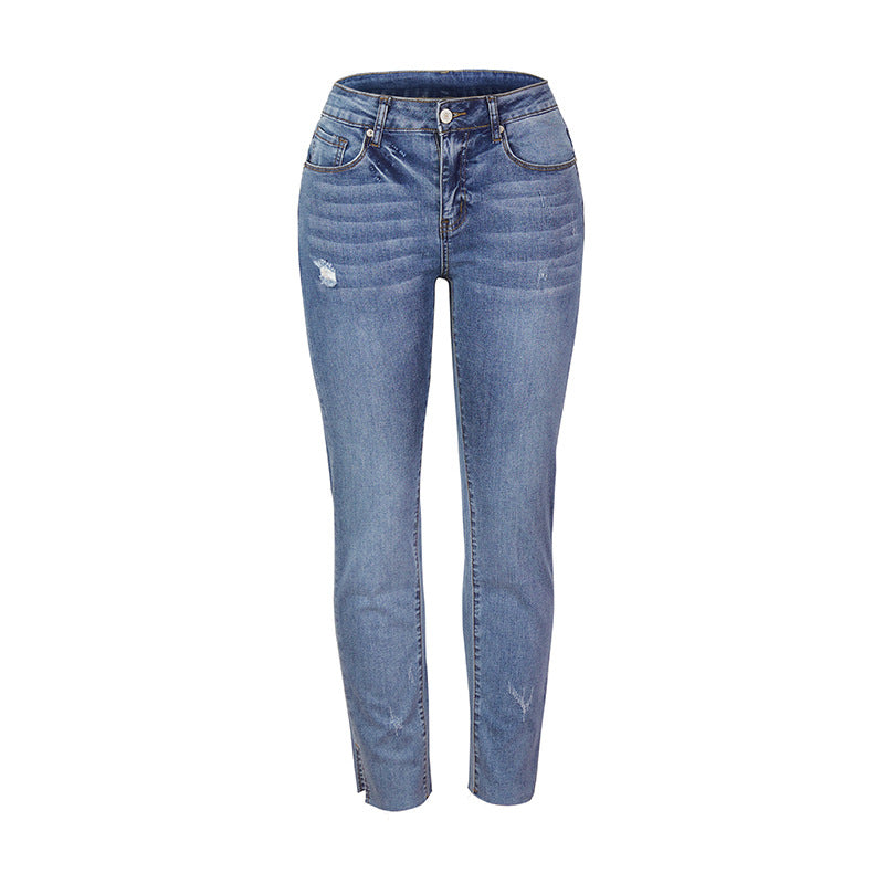 Women's Figure-Hugging High-Waisted Ankle-Length Jeans with Slightly Frayed Hem Chichicherry