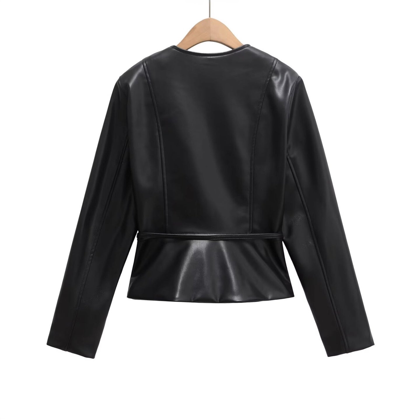 Women's Collarless Faux Leather Jacket with Zipper and Waistband Chichicherry