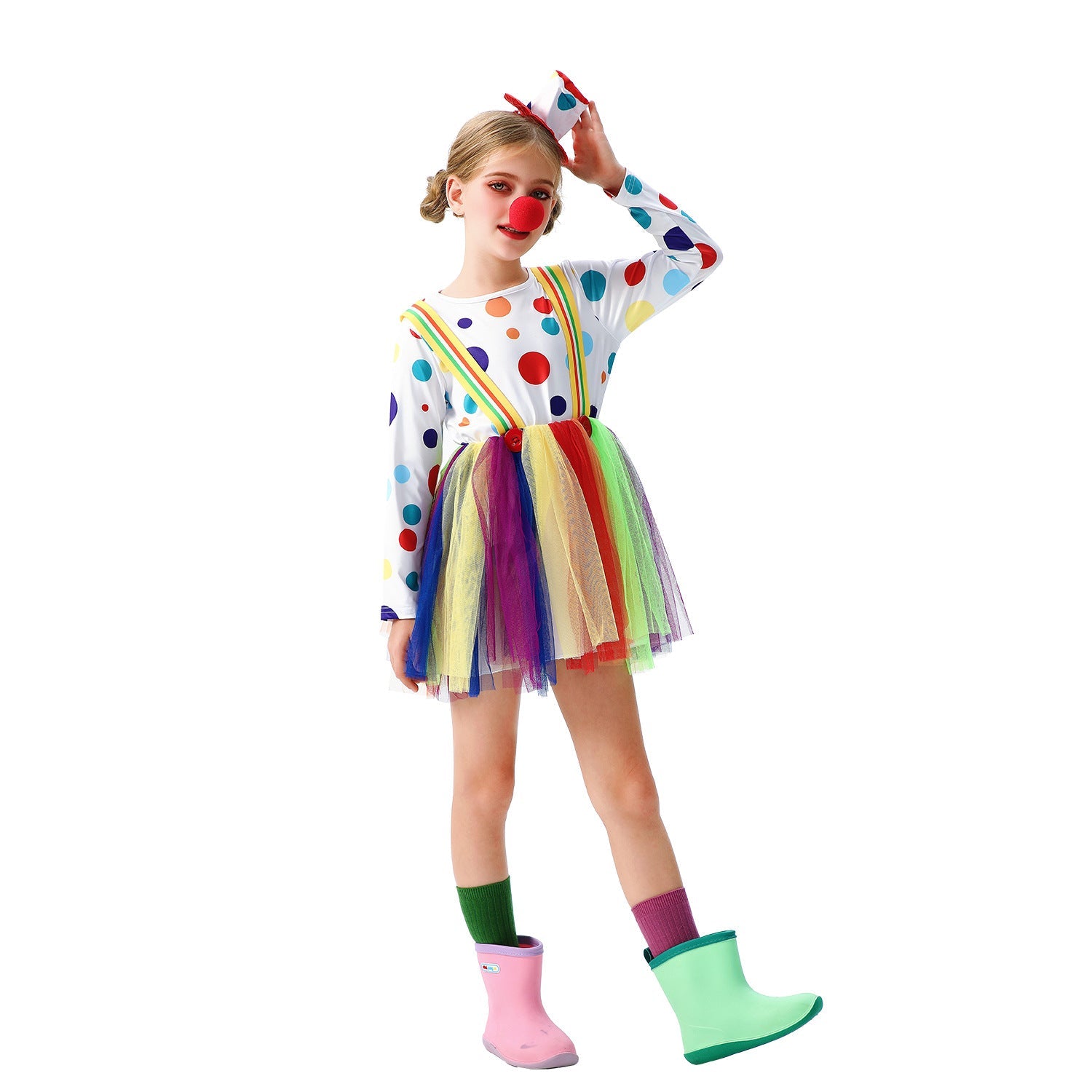 Girl clown costume with colorful tulle skirts and hair accessories Chichicherry