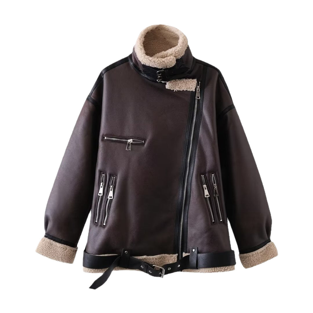 Women's Padded Aviator Jacket in Aviator Style with Teddy Lining and Zipper Chichicherry