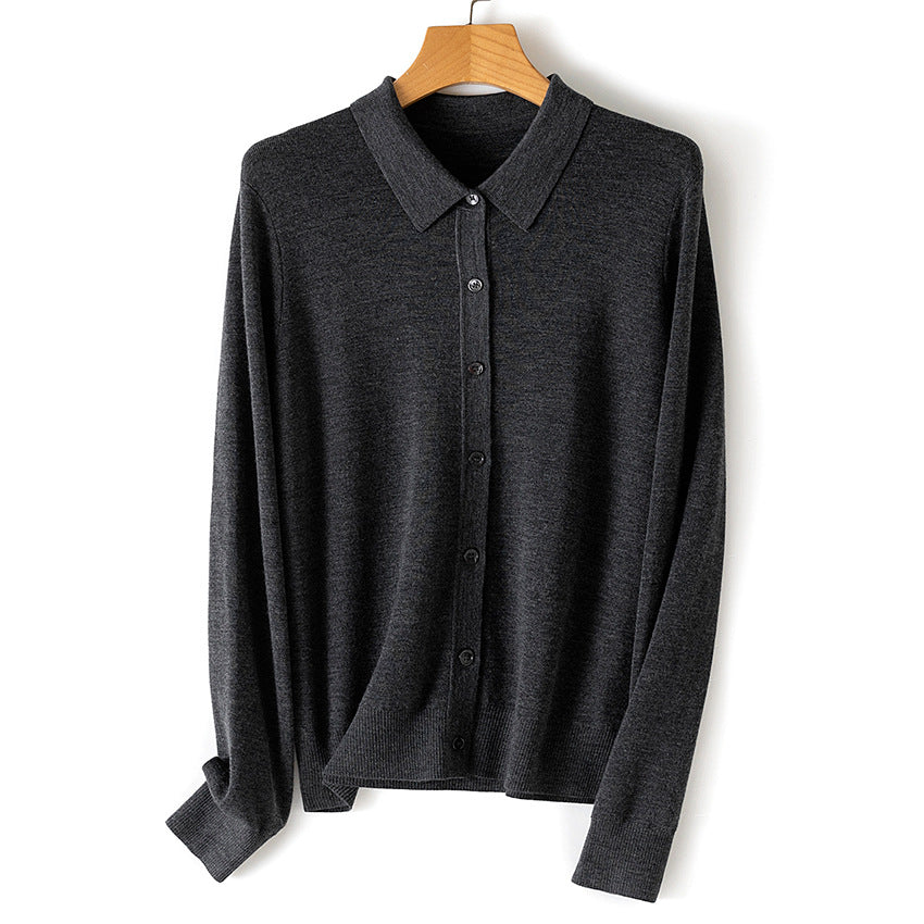 Women Fine Knit Cardigan with Shirt Collar and Continuous Button Placket Chichicherry