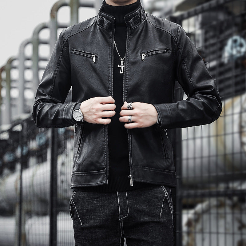 Men's faux leather moto jacket in aviator style with stand-up collar and functional zippers Chichicherry